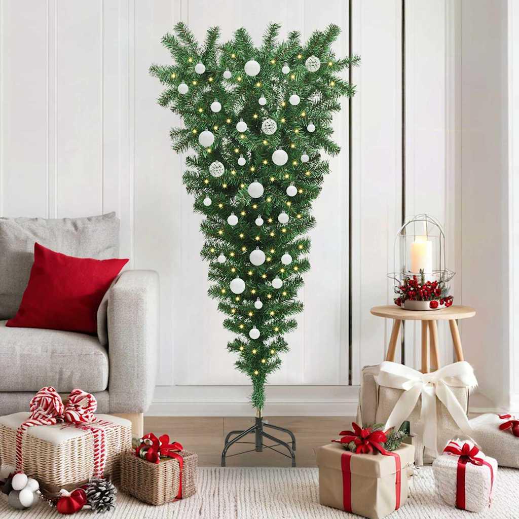 vidaXL Omegns kunstigt forlygte juletræ med bold sæt Grøn 150 cm PVC