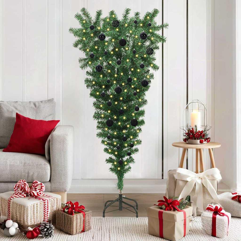 vidaXL Omvendt Kunstigt Forbelyst Juletræ med Kuglesæt Grøn 150 cm PVC