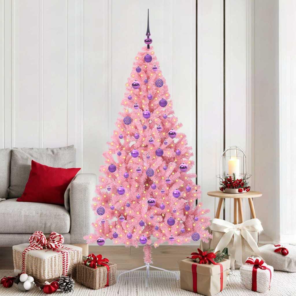Kunstig Forbelyst Juletræ med 300 LED'er Lyserød 180 cm PVC billede