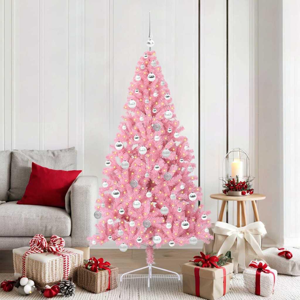 Kunstig Forbelyst Juletræ med 300 LED'er Lyserød 180 cm PVC billede