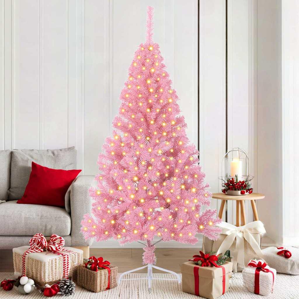 Kunstig Forbelyst Juletræ med 300 LED'er Lyserød 180 cm PVC billede