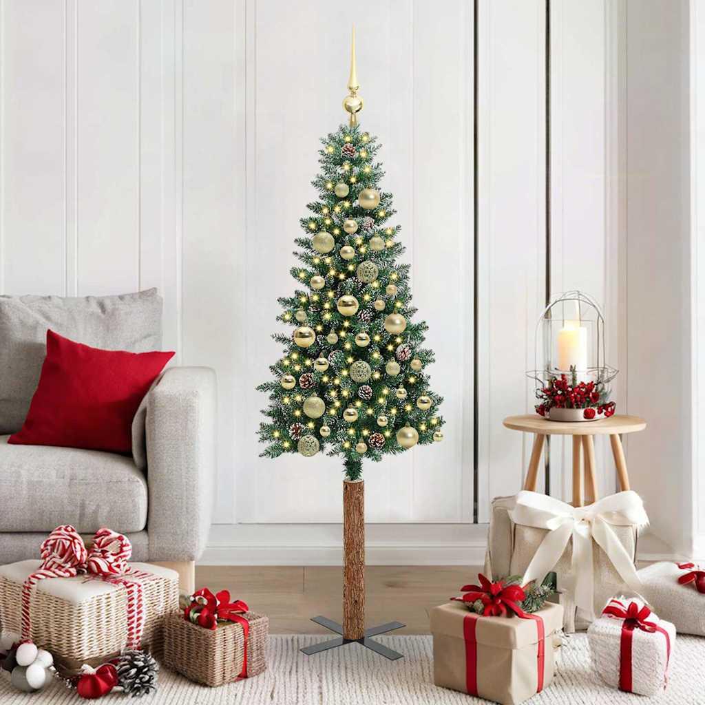 Slankt Juletræ Grøn og Hvid 150 cm PVC og Massiv Fyrretræ billede
