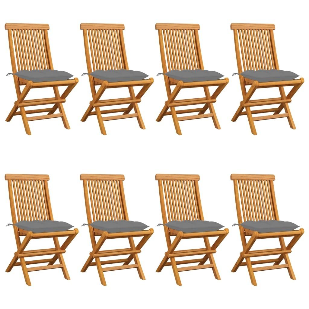 Havestole med grå hynder 8 stk. massivt teaktræ