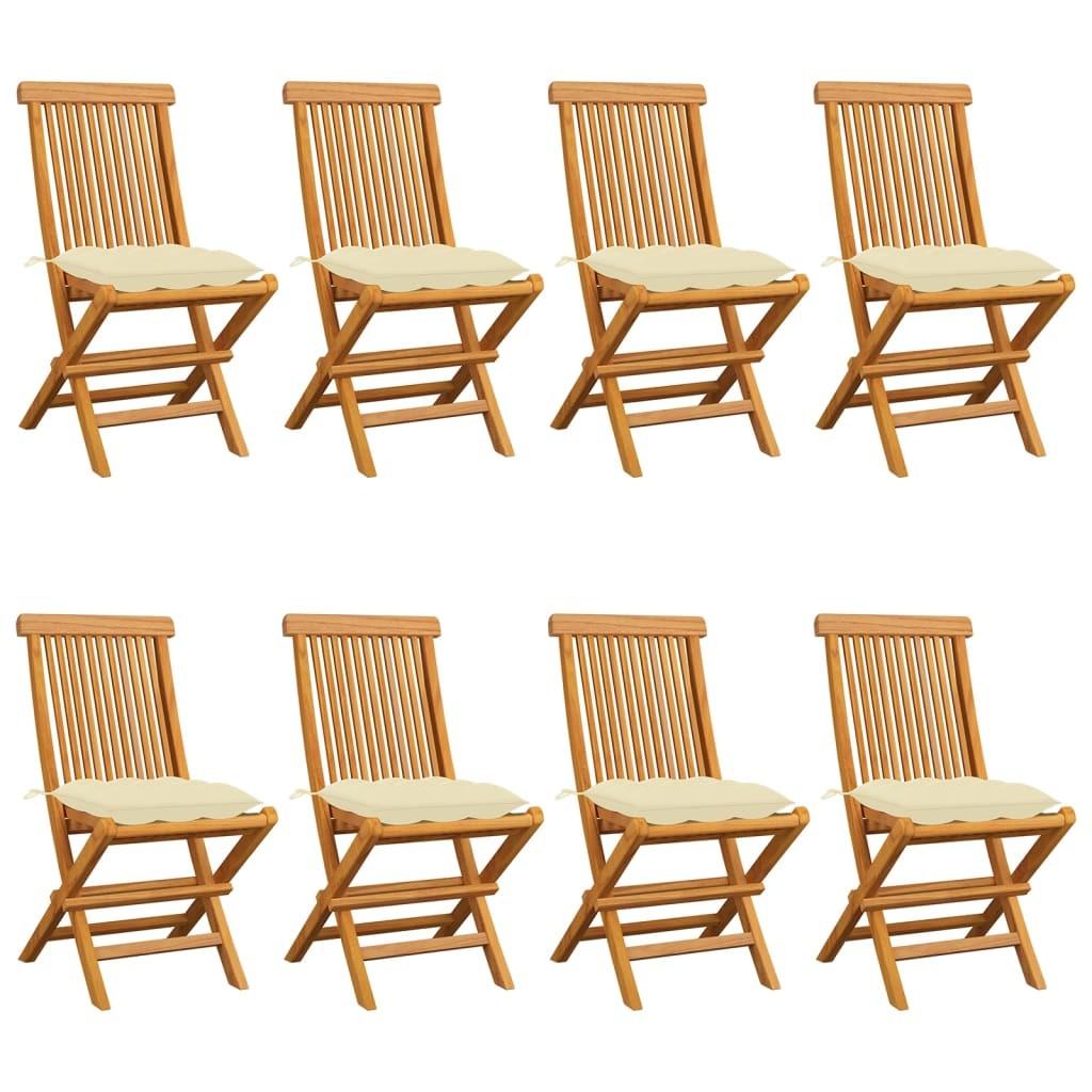 Havestole med cremehvide hynder 8 stk. massivt teaktræ