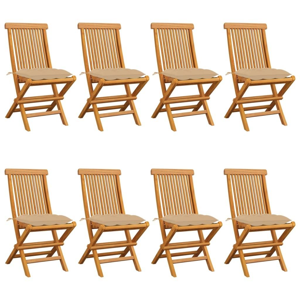 Havestole med beigefarvede hynder 8 stk. massivt teaktræ