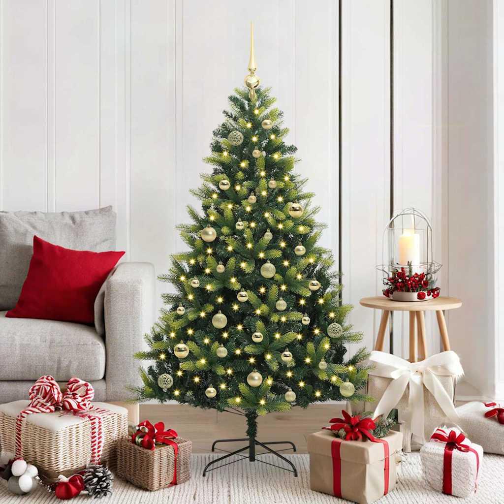 Kunstig hængslet juletræ med 150 LED-lys Grøn 150 cm PVC og PE billede