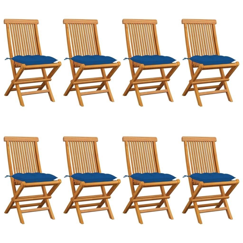 Havestole med blå hynder 8 stk. massivt teaktræ