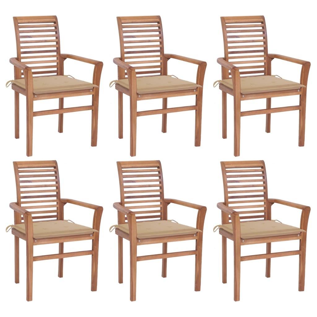 Spisebordsstole 6 stk. med beige hynder massivt teaktræ