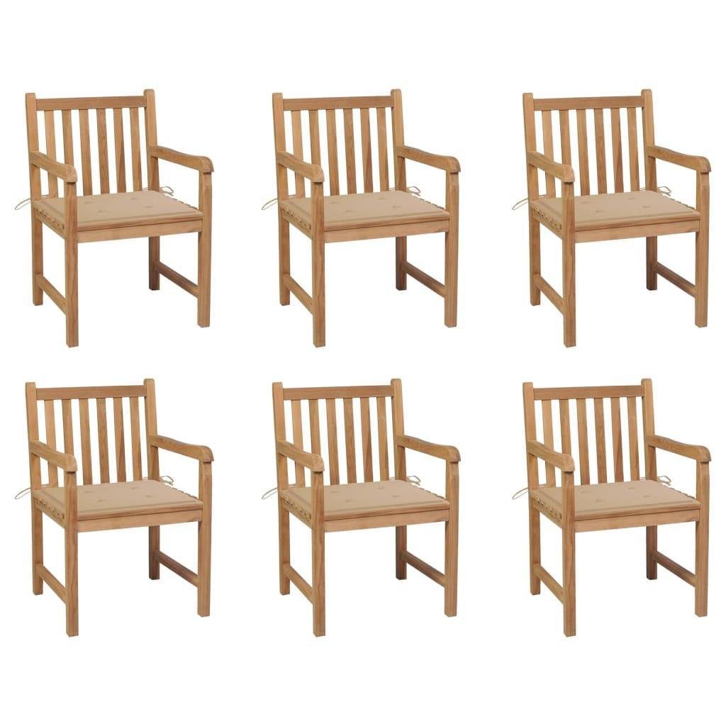 Havestole 6 stk. med beige hynder massivt teaktræ