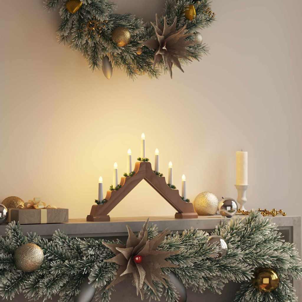 Julelys bro med 7 LED'er Brun 39.5 x 5 x 29 cm Massiv fyrretræ billede