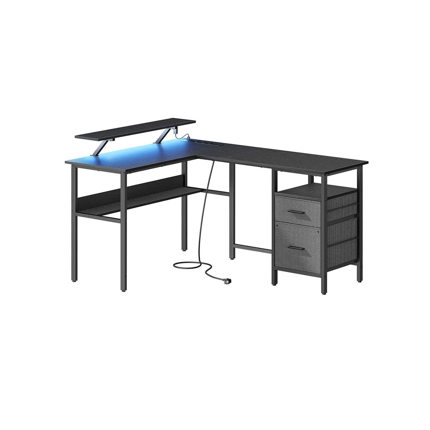 Skrivebord hjørne L-form gaming skrivebord med LED, skærmhylde, 4 strømudtag, 2 USB-porte, 2 skuffer, træ sort (LWD095B01) billede