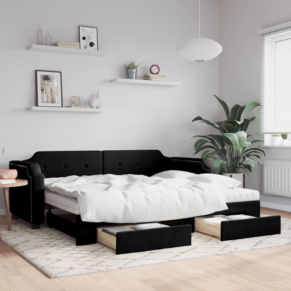 Daybed med udtræk og skuffer 100x200 cm stof sort billede