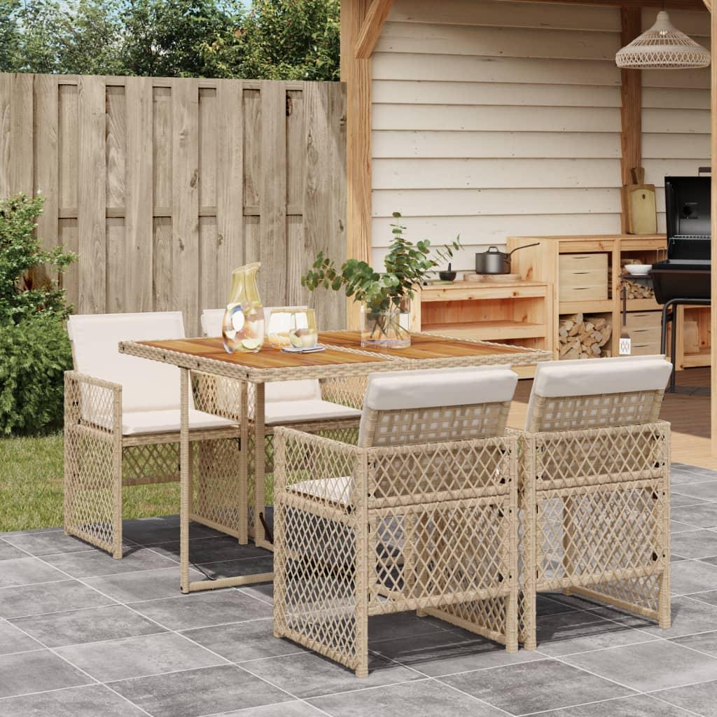 Spisebordssæt til haven 5 dele med hynder polyrattan beige billede