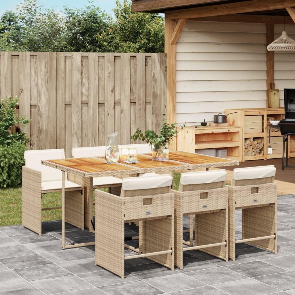 Spisebordssæt til haven 7 dele med hynder polyrattan beige billede