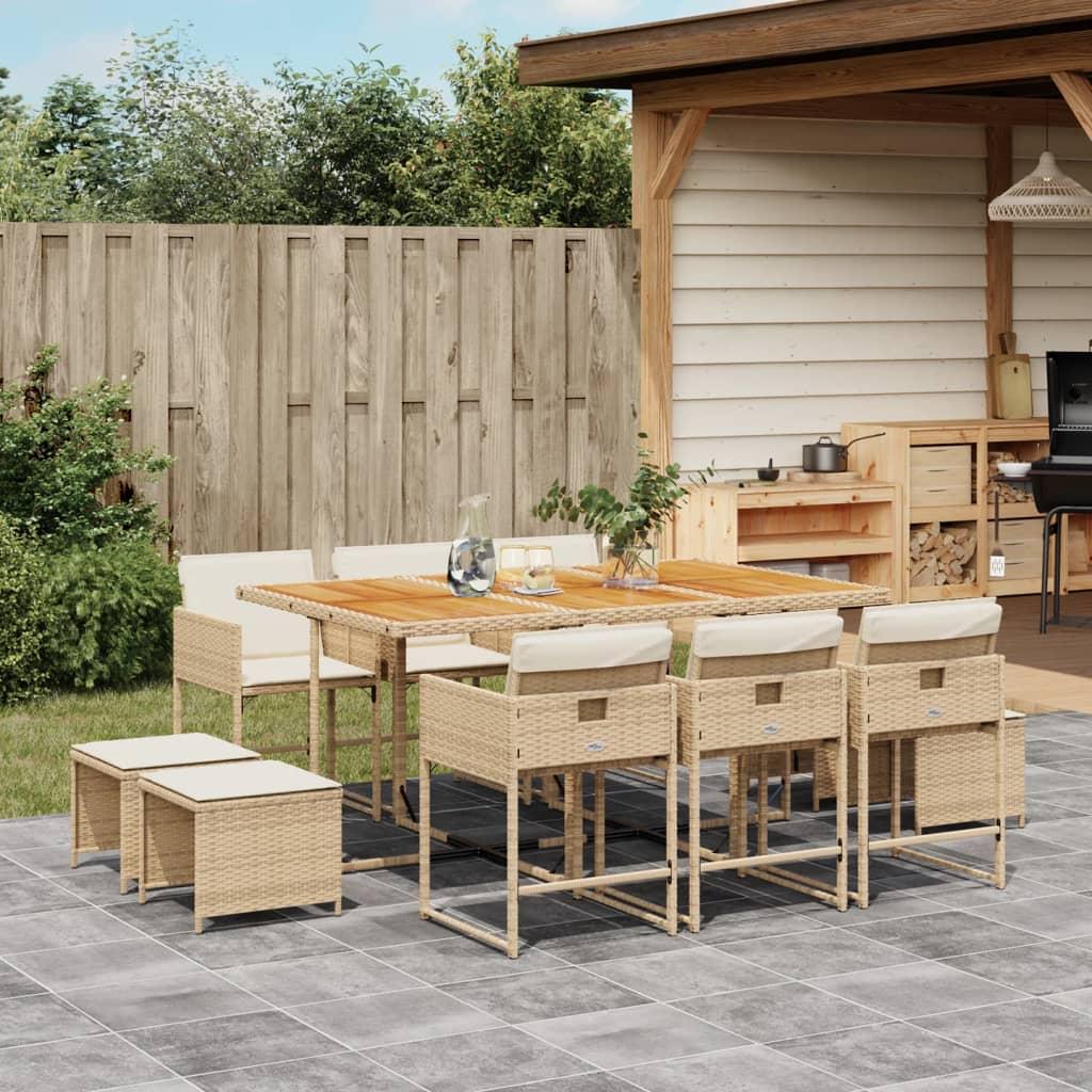 Spisebordssæt til haven 11 dele med hynder polyrattan beige billede