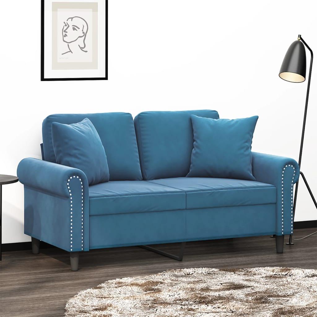 2-personers sofa med pyntepuder 120 cm velour blå billede