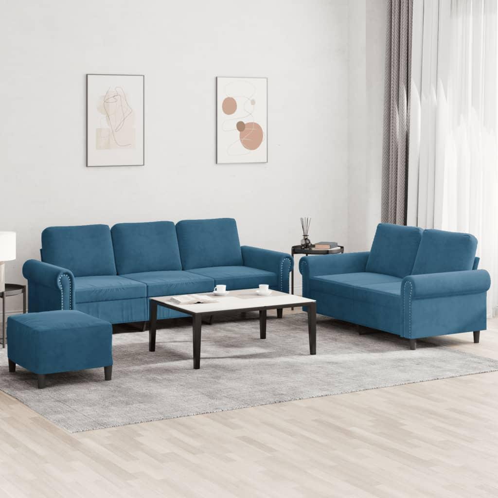 Sofasæt 3 dele med hynder velour blå billede
