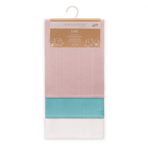 Viskestykker 50×70 cm Letty – lyserød/turkis/hvid, vaffelvæv, 3‑pak