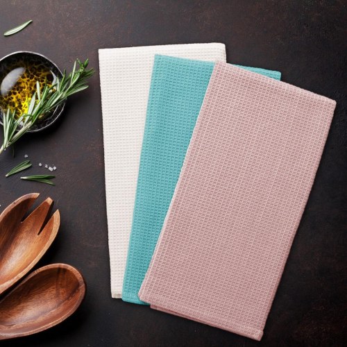 Viskestykker 50×70 cm Letty – lyserød/turkis/hvid, vaffelvæv, 3‑pak