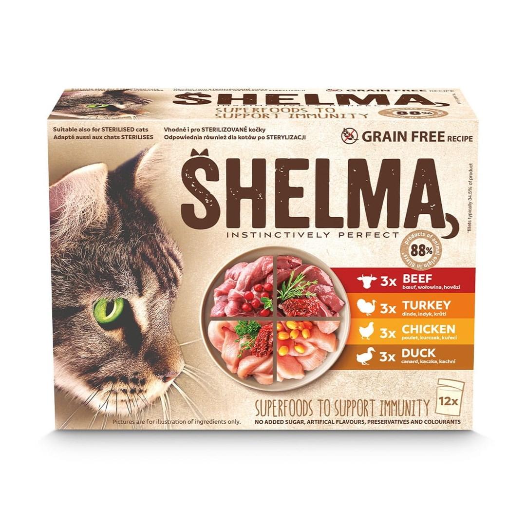 Vådfoder til kat – SHELMA med kalkun, and, kylling og okse i sauce, 12×85 g billede