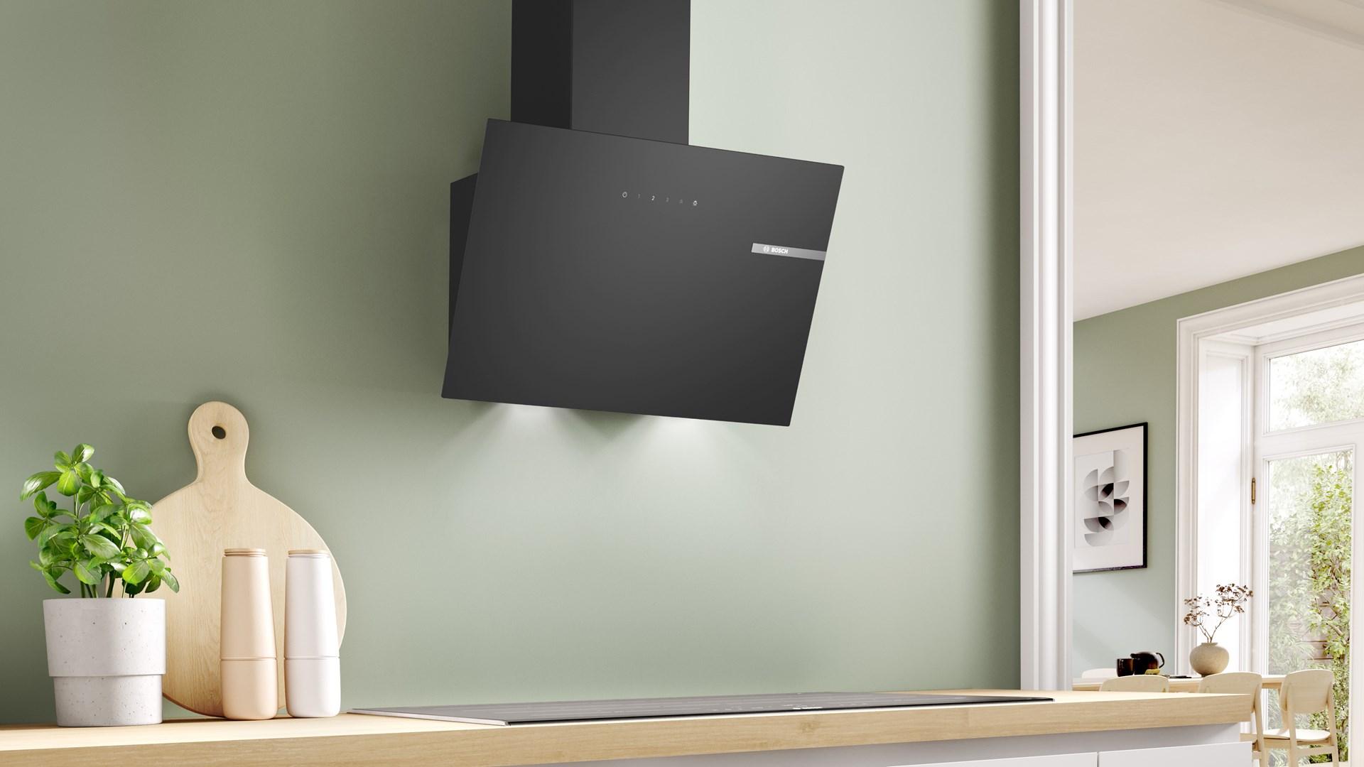 Emhætte vægmonteret Bosch Serie 2 DWK65DK60 - sort, 430 m³/t, A billede