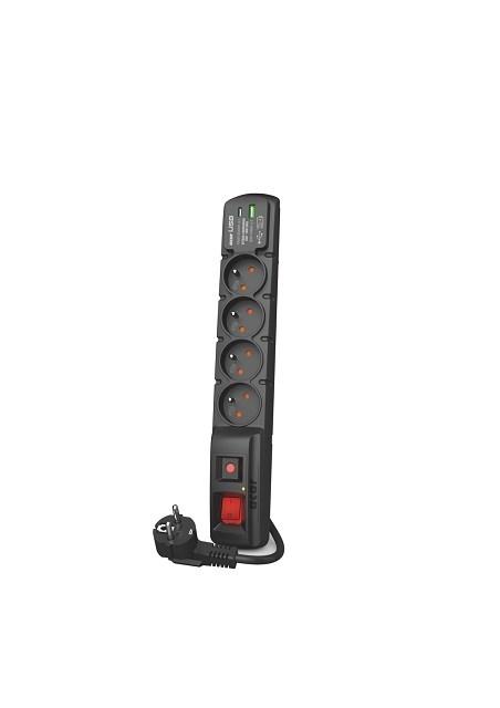 Stikdåse med overspændingsbeskyttelse 4 udtag + USB A/C 5 m - Acar F4, sort billede