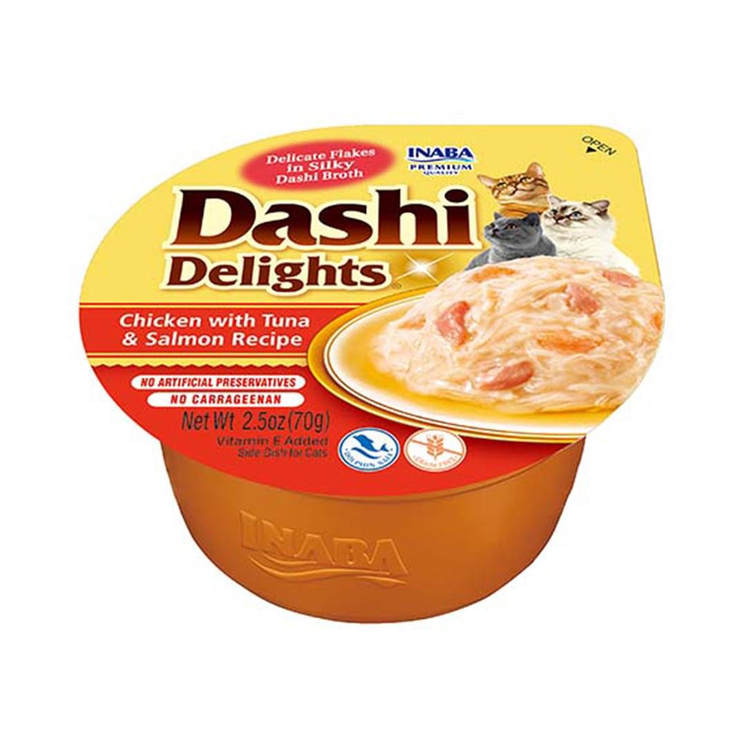 Kattesnack med bouillon – INABA Dashi Delights kylling, tun & laks 70 g billede
