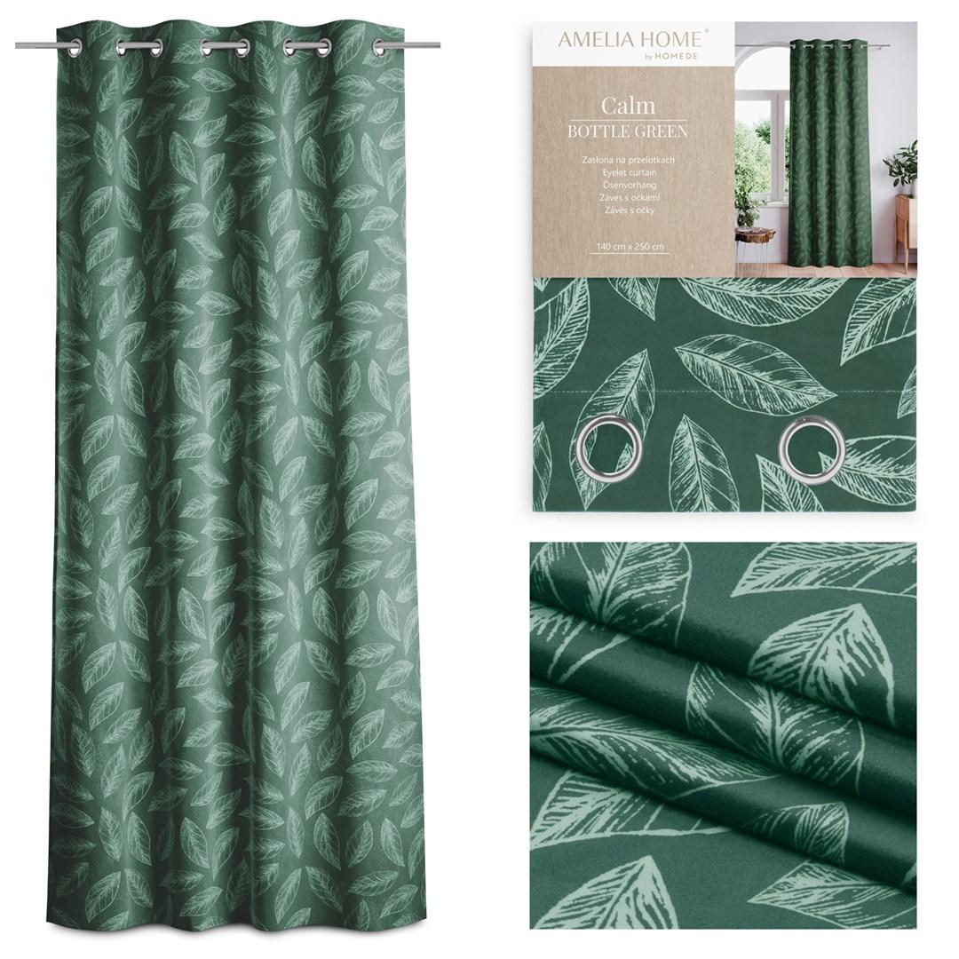 Mørklægningsgardin fløjl 140x250 cm - Amelia Home CALM, flaskegrøn med plantemotiv, øskner i sølvmetal billede