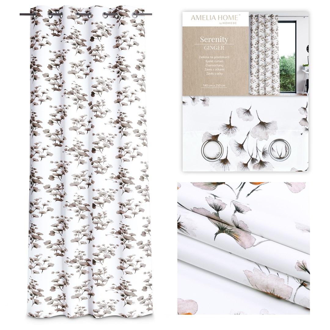 Mørklægningsgardin AmeliaHome Serenity 140×250 cm – hvid med plantemotiv, sølvfarvede øskner