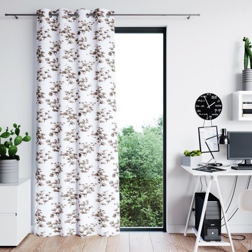Mørklægningsgardin AmeliaHome Serenity 140×250 cm – hvid med plantemotiv, sølvfarvede øskner