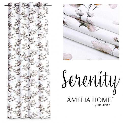 Mørklægningsgardin AmeliaHome Serenity 140×250 cm – hvid med plantemotiv, sølvfarvede øskner