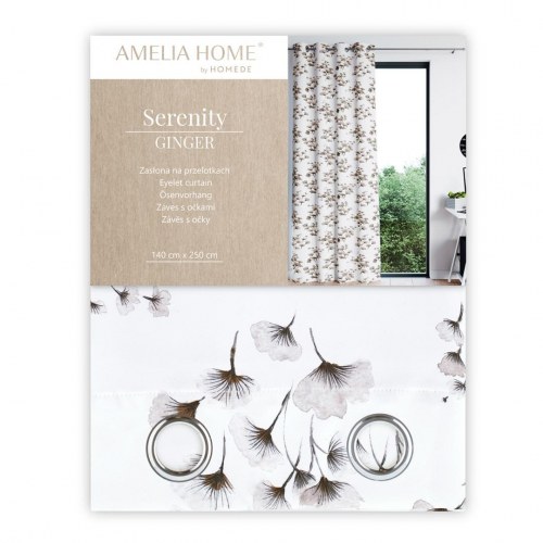 Mørklægningsgardin AmeliaHome Serenity 140×250 cm – hvid med plantemotiv, sølvfarvede øskner