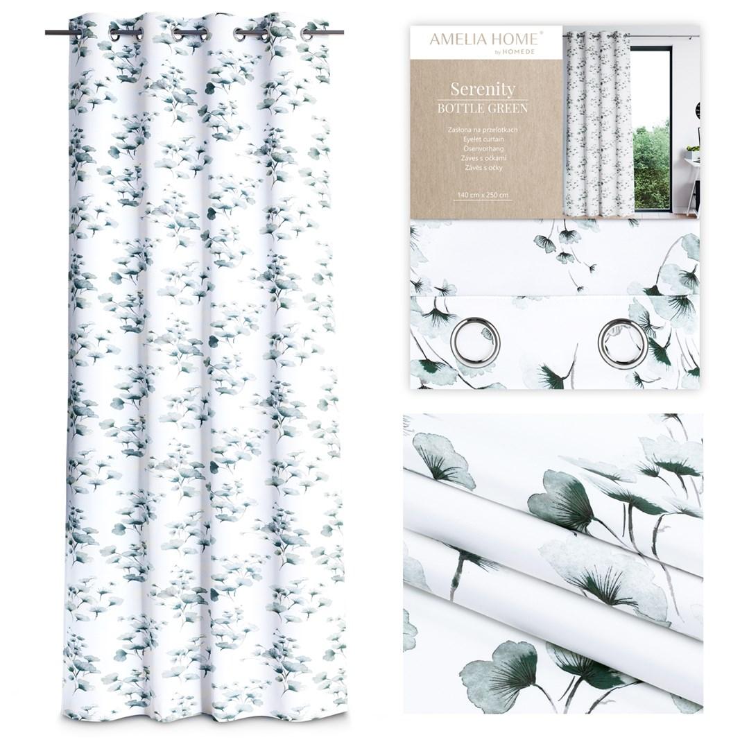 Mørklægningsgardin Serenity 140x250 cm - hvid med planteprint, sølvfarvede øskner - Amelia Home billede