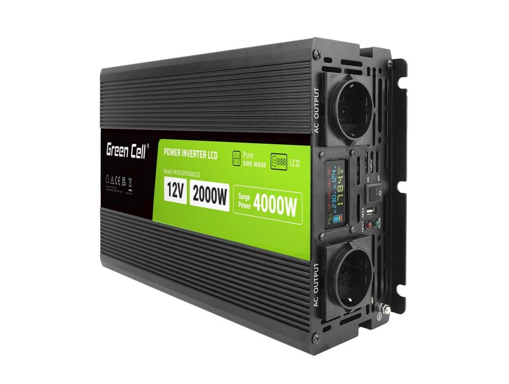 Strøminverter 12V til 230V 2000W ren sinus med LCD - Green Cell billede