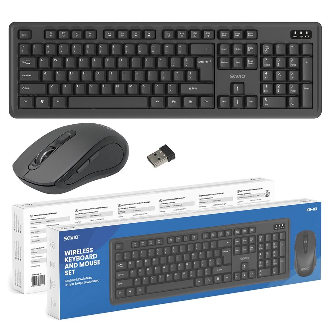 Trådløst tastatur og mus - Savio KB-03, fuld størrelse, USB, QWERTY US, sort billede