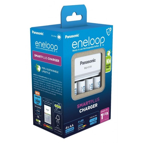 Batterioplader Panasonic eneloop Smartplus BQ-CC55 med 4 x AA 2000 mAh