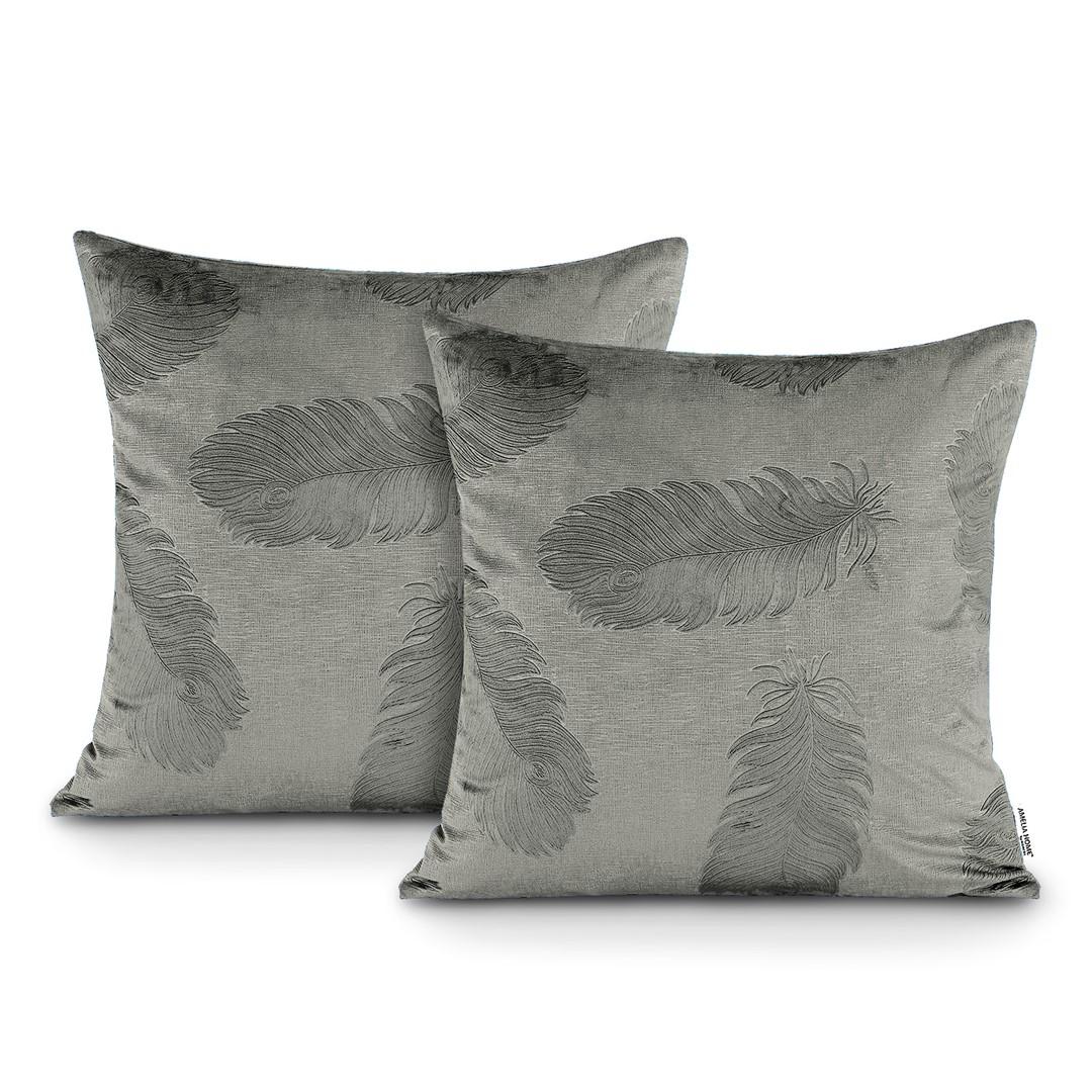 Pudebetræk 45x45 cm - Peacock grå fløjl med præget fjer - AmeliaHome (sæt á 2) billede