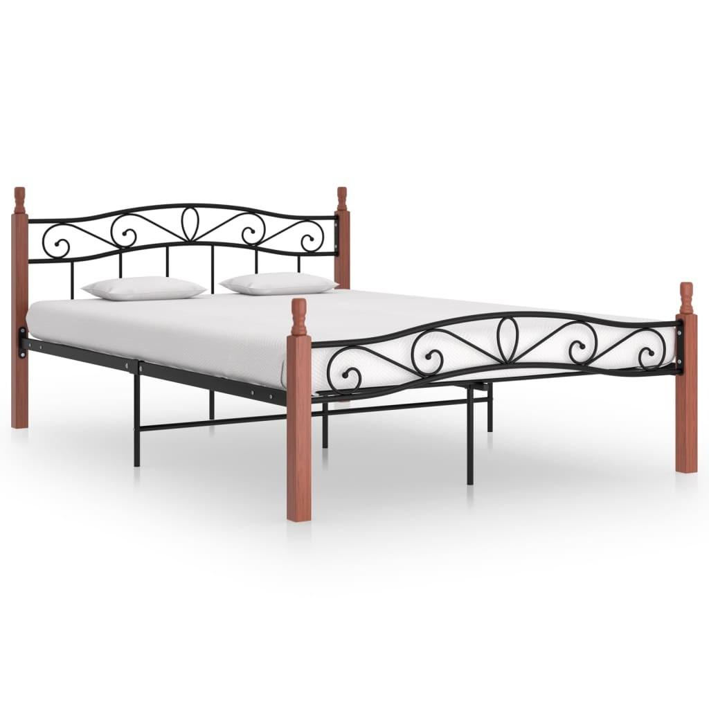 Sengeramme 140x200 cm metal og massivt egetræ sort