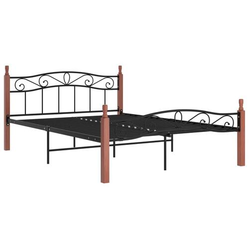 Sengeramme 140x200 cm metal og massivt egetræ sort