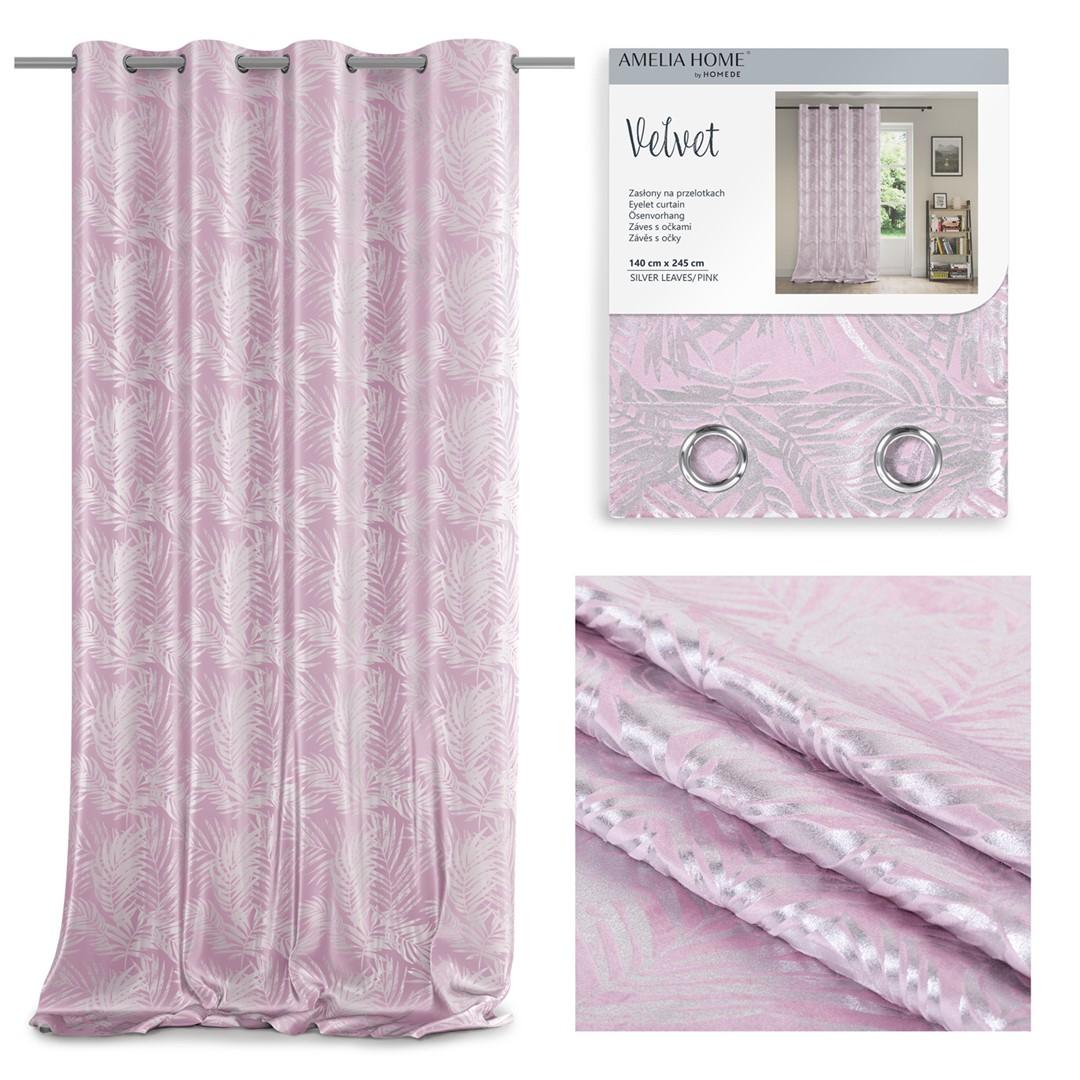 Mørklægningsgardin Amelia Home Silverleaves 140×245 cm - pudderlyserød fløjl med sølv øskner billede
