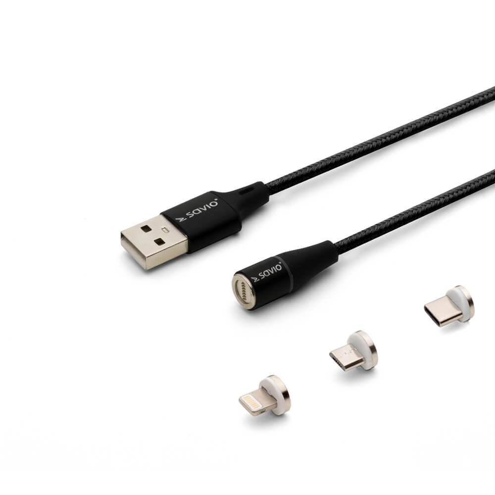 USB-kabel 2 m Savio magnetisk – USB 2.0 med USB-C/Micro-USB/Lightning, sort billede