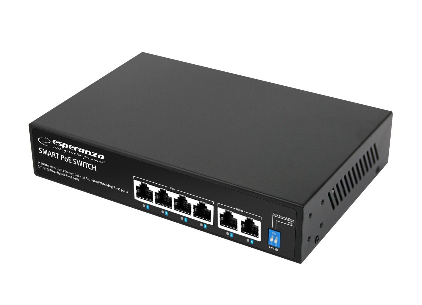 Netværksswitch Esperanza ENS105 6-ports PoE 10/100 60 W billede