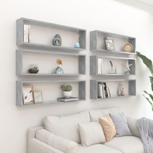 Væghylder 6 stk. 100x15x30 cm kube konstrueret træ betongrå