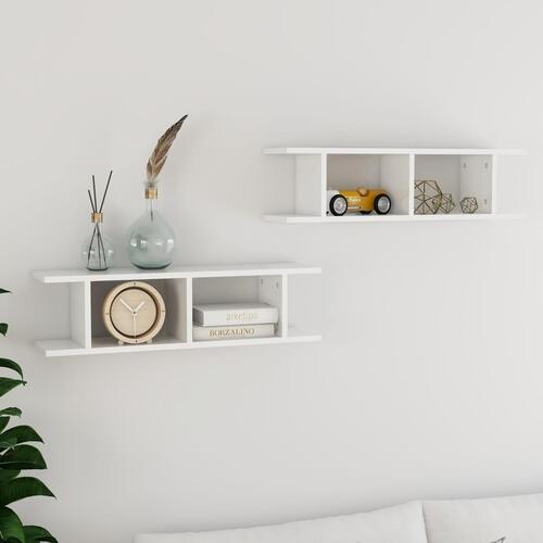 Væghylder 2 stk. 75x18x20 cm konstrueret træ hvid højglans