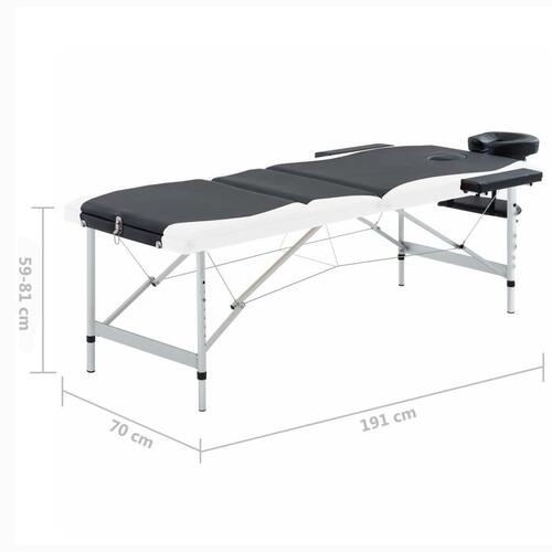 Sammenfoldeligt massagebord aluminiumsstel 3 zoner sort og hvid