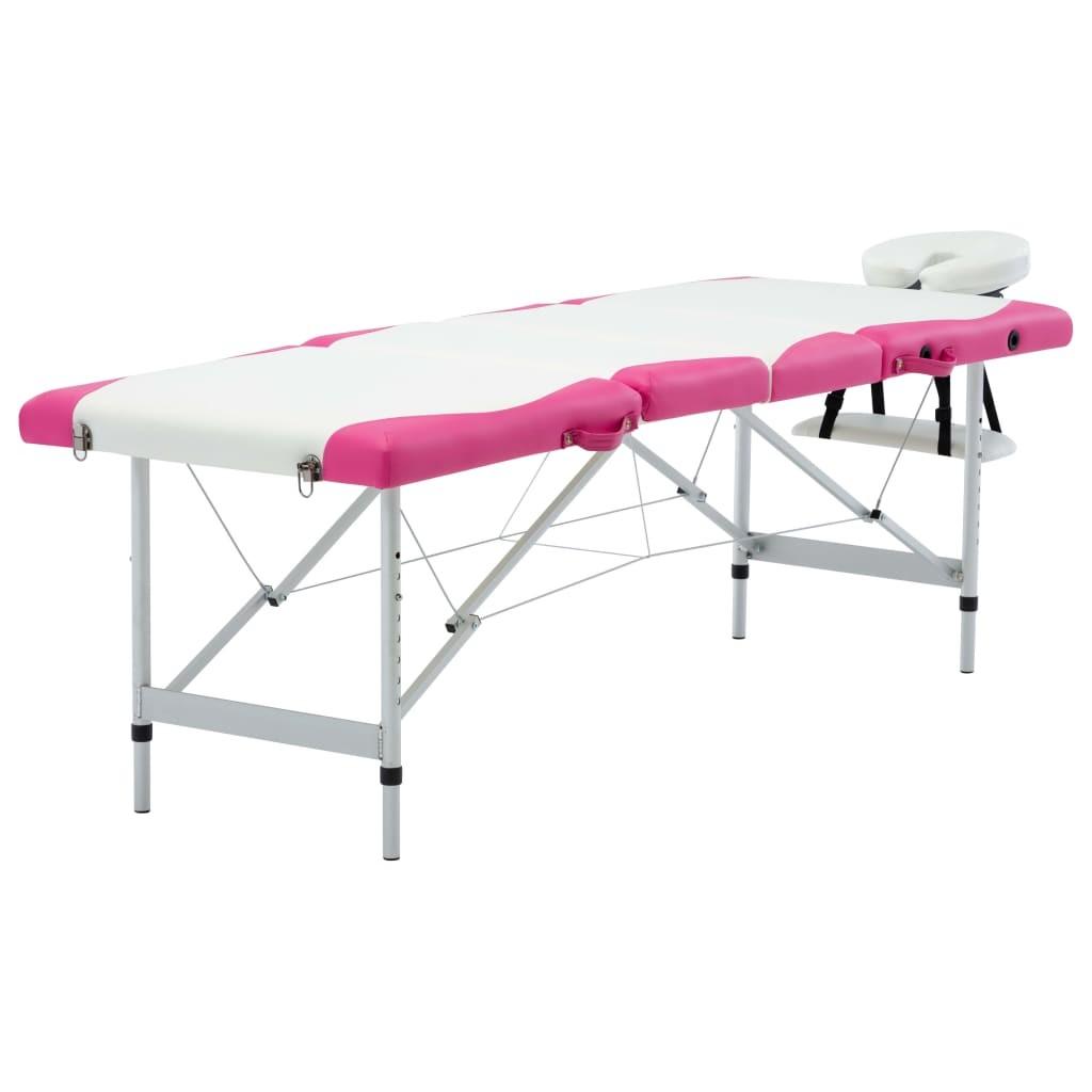 Foldbart massagebord 4 zoner aluminium hvid og pink billede