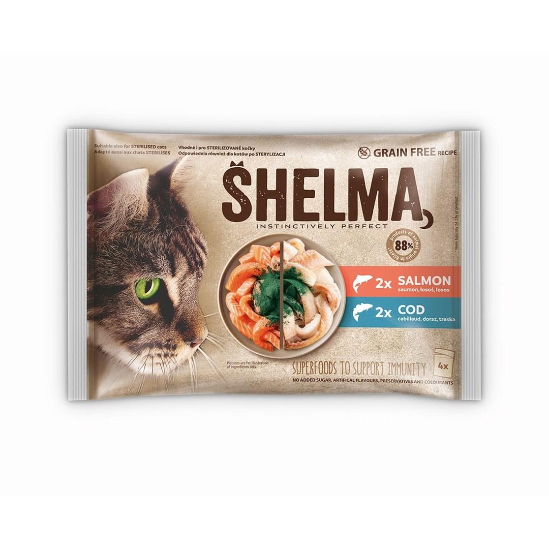 Vådfoder til kat – SHELMA med laks og torsk i sauce, 4×85 g billede