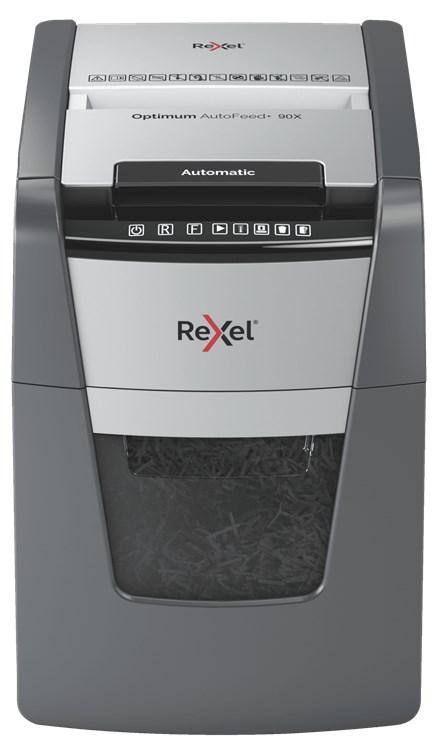 Makulator med autofeed Rexel AutoFeed+ 90X, krydsmakulering, 55 dB, sort/grå billede