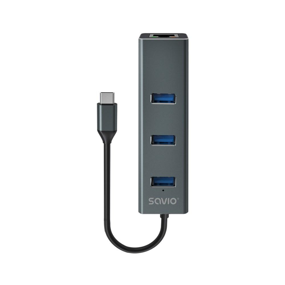 USB-C hub med Ethernet - Savio AK-57, 3x USB-A, Gigabit, grå billede
