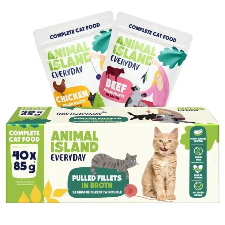 Vådfoder til kat – ANIMAL ISLAND Everyday okse- og kyllingefileter i bouillon, 40 × 85 g billede